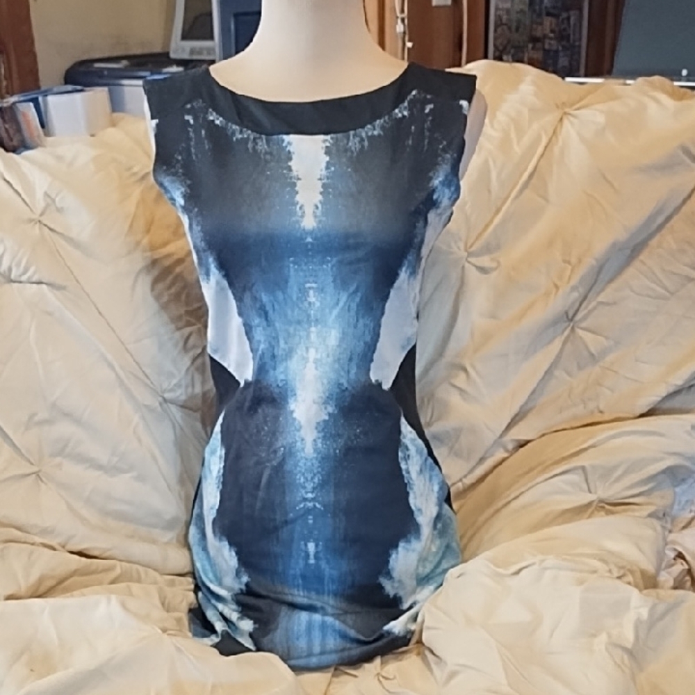 Zara Abstract Blue and Black Cut Out Dress